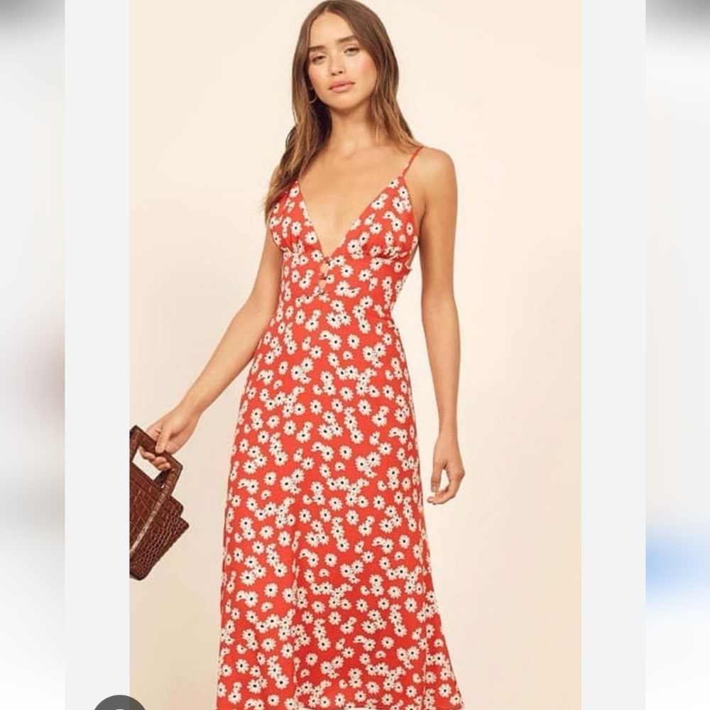 Reformation Red Floral Spaghetti Strap Dress Size 2